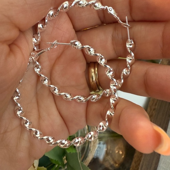 Silver Large Spiral Twist Hoop Earrings - Picture 4 of 4